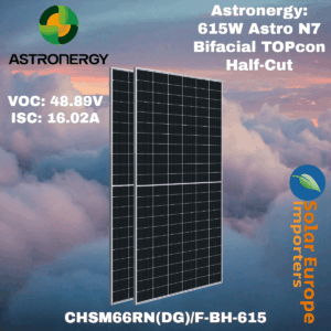Astronergy: 615W Astro N7 Bifacial TOPcon Half-Cut - VOC: 48.89V / ISC: 16.02A (CHSM66RN(DG)/F-BH-615)