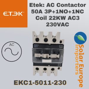 Etek: AC Contactor 50A 3P+1NO+1NC Coil 22KW AC3 230VAC (EKC1-5011-230)