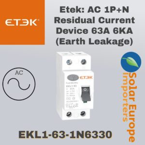 Etek: AC 1P+N Residual Current Device 63A 6KA (Earth Leakage) (EKL1-63-1N6330)