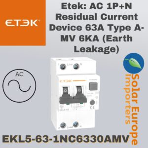 Etek: AC 1P+N Residual Current Device 63A Type A-MV 6KA (Earth Leakage) (EKL5-63-1NC6330AMV)