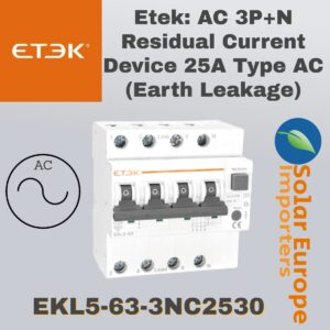 Etek: AC 3P+N Residual Current Device 25A Type AC (Earth Leakage) (EKL5-63-3NC2530)