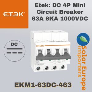 Etek: DC 4P Mini Circuit Breaker 63A 6KA 1000VDC (EKM1-63DC-463)