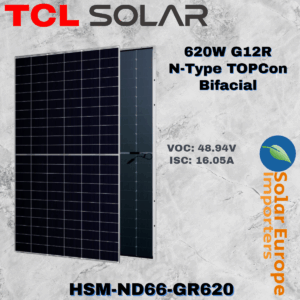 TCL Solar: 620W G12R N-Type TOPCon Bifacial - VOC: 48.94V / ISC: 16.05A (HSM-ND66-GR620)