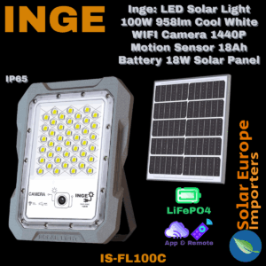 Inge: LED Solar Light 100W 958lm Cool White WIFI Camera 1440P Motion Sensor 18Ah Battery 18W Solar Panel (IS-FL100C)