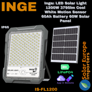 Inge: LED Solar Light 1200W 3795lm Cool White Motion Sensor 60Ah Battery 60W Solar Panel (IS-FL1200)