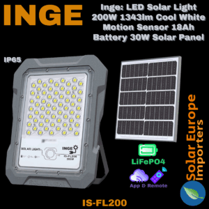 Inge: LED Solar Light 200W 1343lm Cool White Motion Sensor 18Ah Battery 30W Solar Panel (IS-FL200)