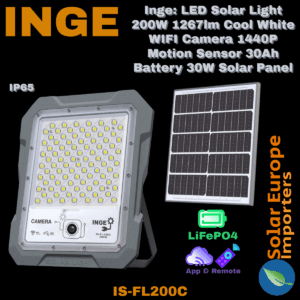 Inge: LED Solar Light 200W 1267lm Cool White WIFI Camera 1440P Motion Sensor 30Ah Battery 30W Solar Panel (IS-FL200C)