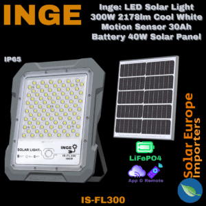 Inge: LED Solar Light 300W 2178lm Cool White Motion Sensor 30Ah Battery 40W Solar Panel (IS-FL300)