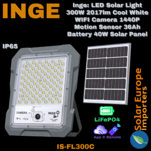 Inge: LED Solar Light 300W 2017lm Cool White WIFI Camera 1440P Motion Sensor 36Ah Battery 40W Solar Panel (IS-FL300C)