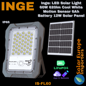 Inge: LED Solar Light 60W 620lm Cool White Motion Sensor 6Ah Battery 12W Solar Panel (IS-FL60)