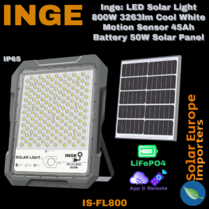 Inge: LED Solar Light 800W 3263lm Cool White Motion Sensor 45Ah Battery 50W Solar Panel (IS-FL800)