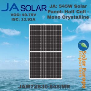 JA: Solar Panel 545W Half Cell Mono Crystalline  VOC: 49.75V / ISC: 13.93A (JAM72S30-545/MR)