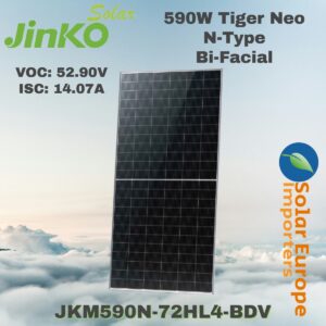 Jinko: 590W Bifacial Tiger Neo N-Type Mono - VOC: 52.90V / ISC: 14.07A (JKM590N-72HL4-BDV)