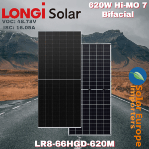 Longi: 620W Hi-MO 7 Bifacial - VOC: 48.78V / ISC: 16.05A (LR8-66HGD-620M)