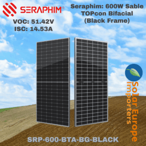 Seraphim: 600W Sable TOPcon Bifacial (Black Frame) - VOC: 51.42V / ISC: 14.53A (SRP-600-BTA-BG-BLACK)