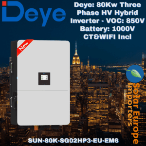 Deye: 80Kw Three Phase HV Hybrid Inverter - VOC: 850V Battery: 1000V CT&WIFI Incl (SUN-80K-SG02HP3-EU-EM6)