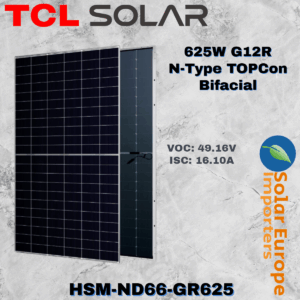 TCL Solar: 625W G12R N-Type TOPCon Bifacial - VOC: 49.16V / ISC: 16.10A (HSM-ND66-GR625)