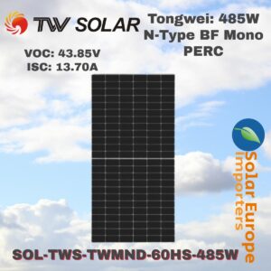 Tongwei: 485W N-Type Mono Crystalline (Black Frame) - VOC: 43.85V / ISC: 13.70A (TWMND-60HS485W)